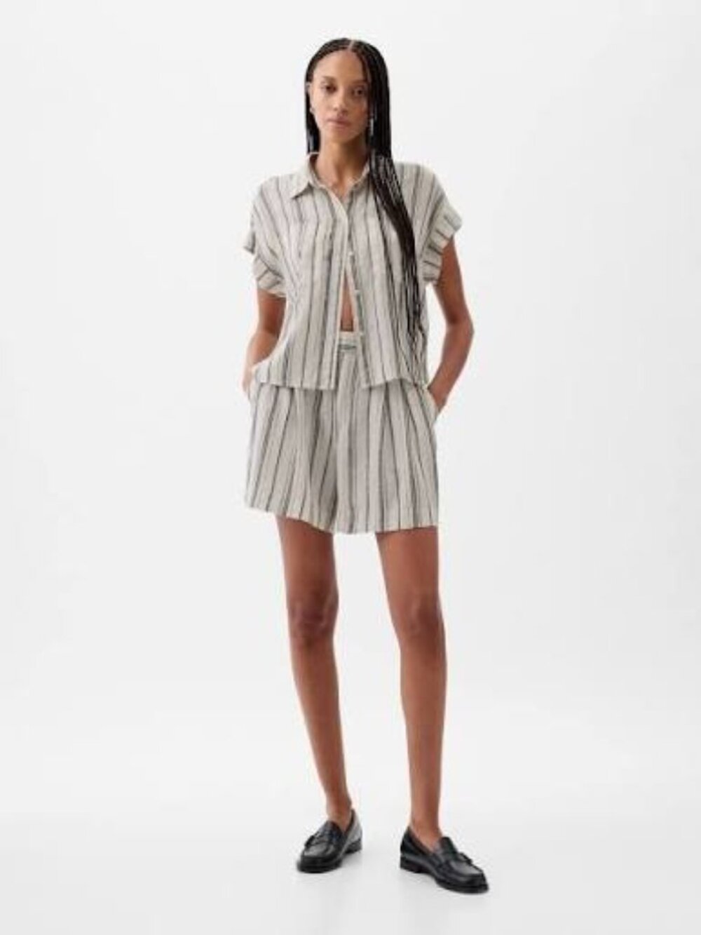 GAP NWT Linen-Blend Cropped Shirt in Natural Stripe size XS Petite - Picture 9 of 9